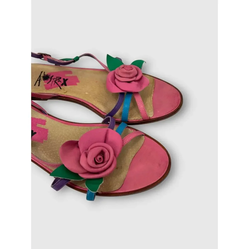Vintage 1990s Y2k Leather Pink Rose Appliqué Flat Slingback Sandals Size 9M - Picture 4 of 7